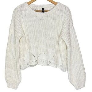 ALYA Women Balloon Sleeve Scalloped Crop Sweater Small Ivory Boho Oversized Cozy